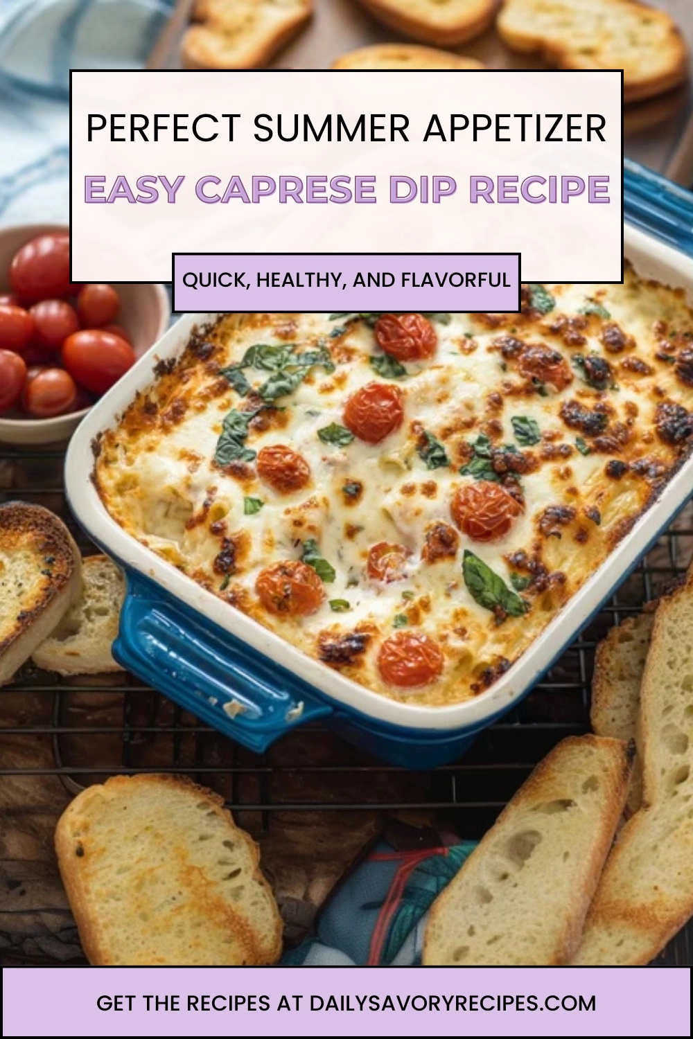 vibrant and fresh easy Caprese dip with mozzarella, tomatoes, and basil