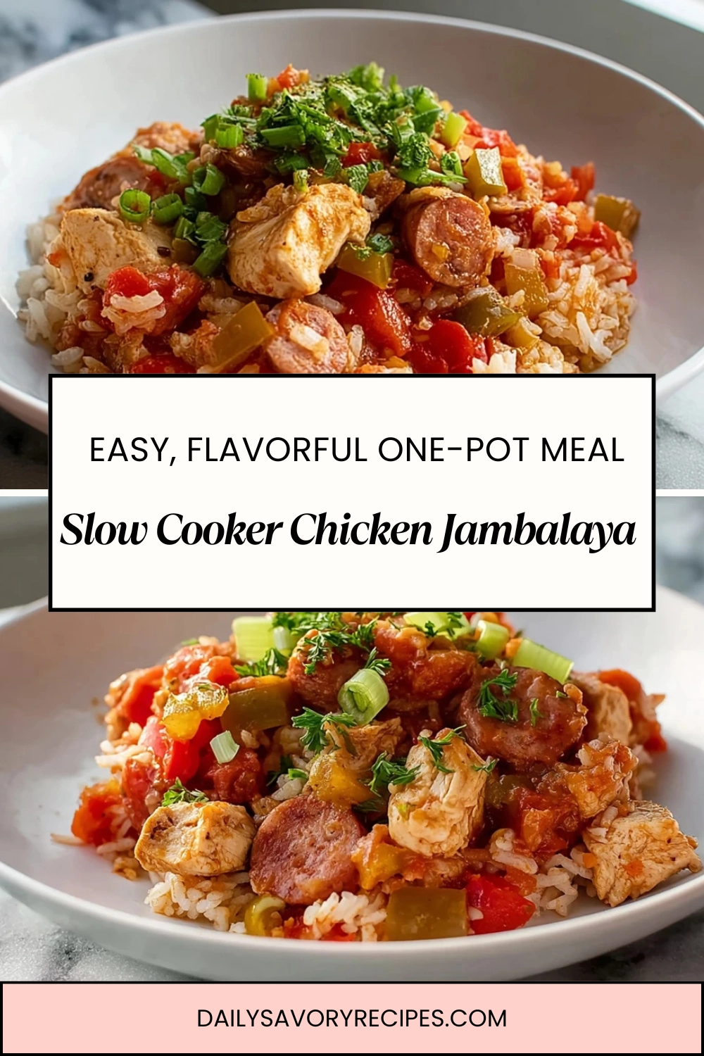 A perfectly plated dish of Slow Cooker Chicken Jambalaya with tender chicken, sausage, and vegetables, garnished with fresh herbs.