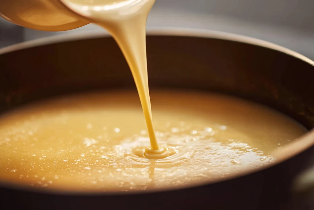 Cream being poured into the pot for creamy mushroom chicken wild rice soup