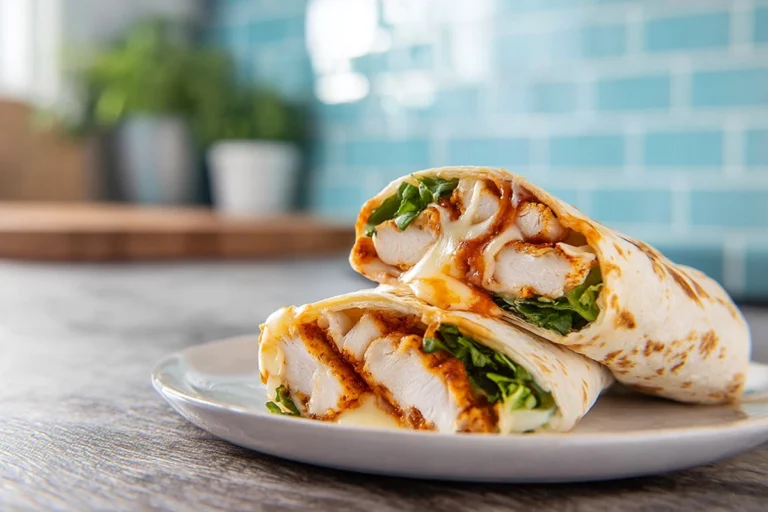 Photorealistic hero shot of air fryer chicken mozzarella wraps on a modern kitchen counter
