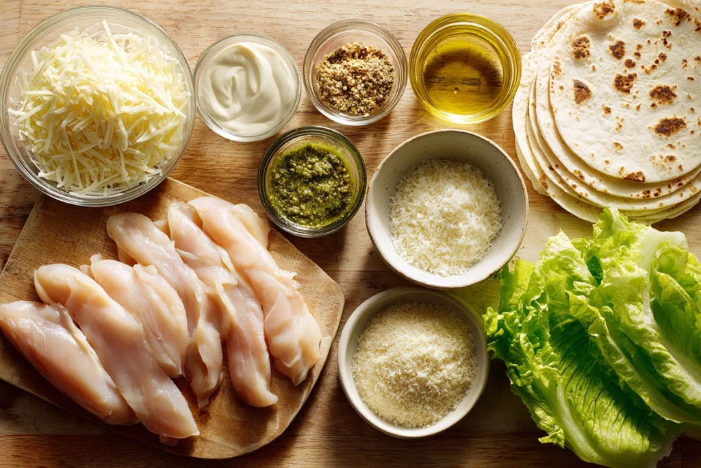 Overhead 8K image of ingredients for air fryer chicken mozzarella wraps arranged neatly