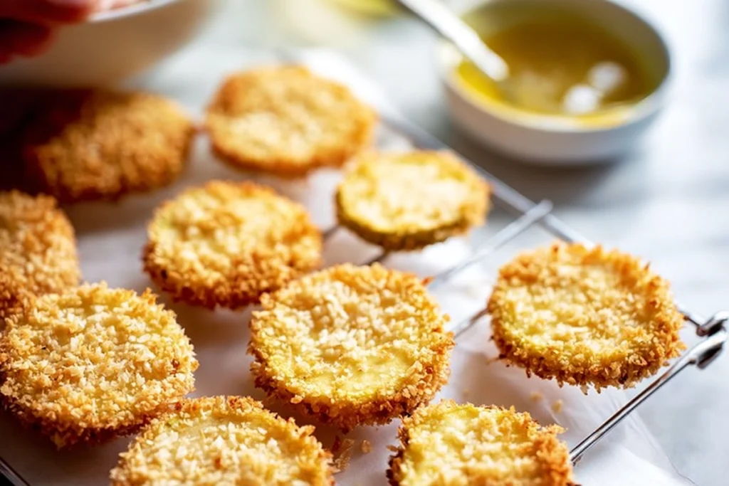 macro shot of breaded pickle chip prepared for air frying