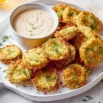 photorealistic air fryer fried pickles on white plate with ranch dip