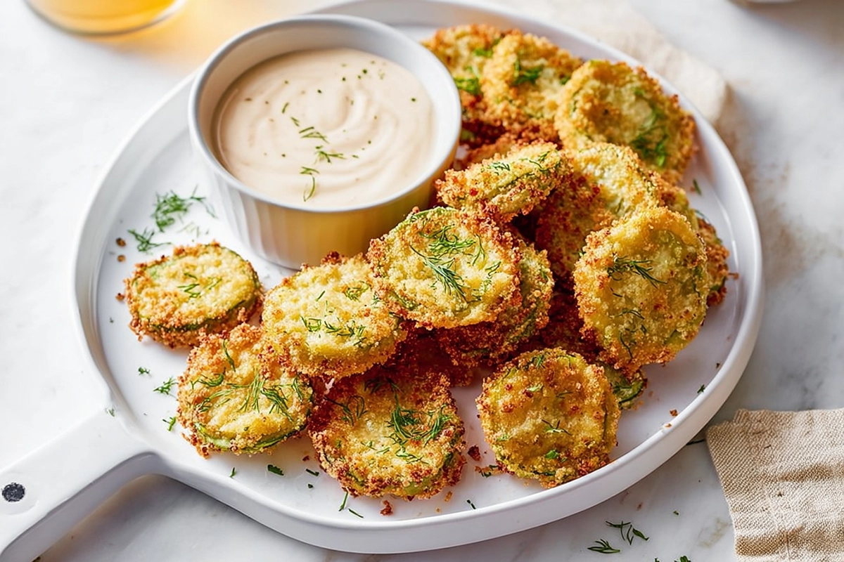 photorealistic air fryer fried pickles on white plate with ranch dip