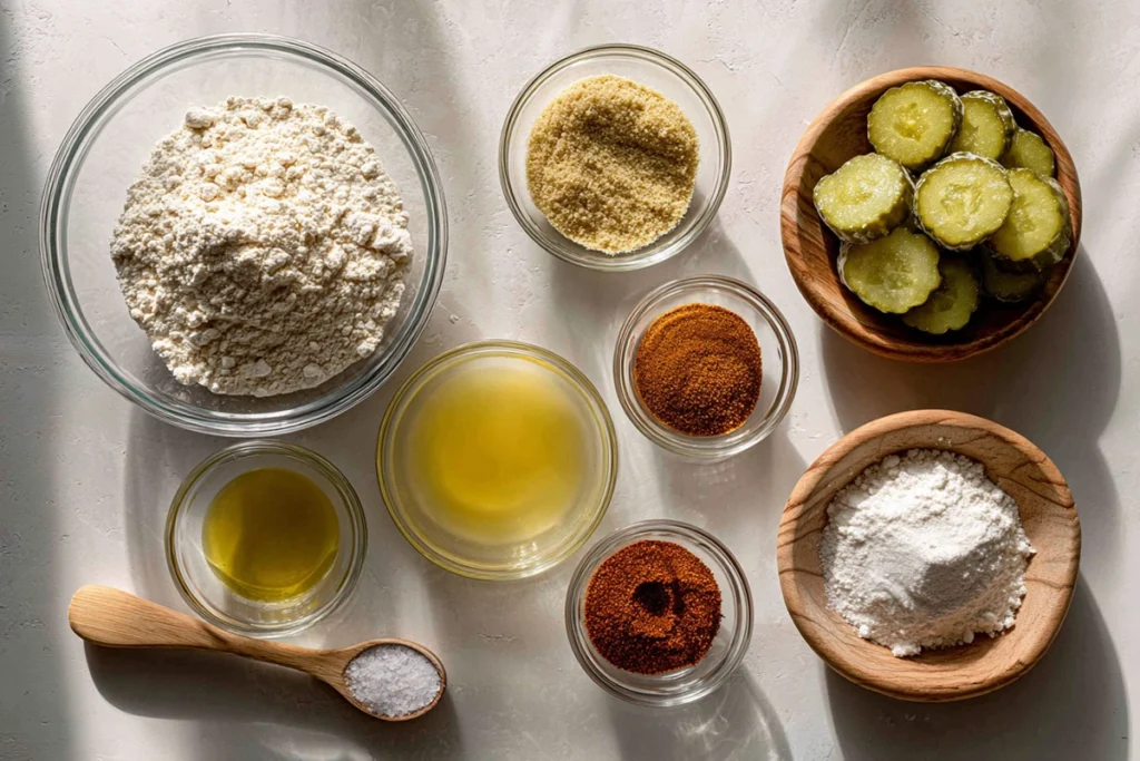 overhead ingredients layout for air fryer fried pickles with pickles flour and panko