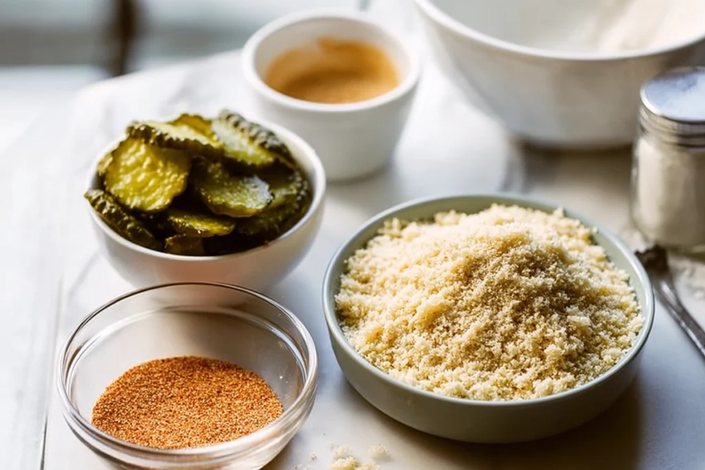closeup of prepped ingredients for air fryer fried pickles including dried pickle chips