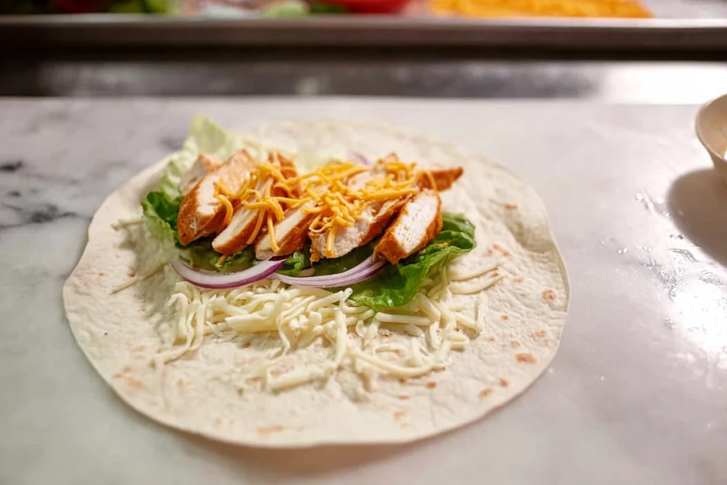 Tortilla being filled with chicken and mozzarella for air fryer chicken mozzarella wraps