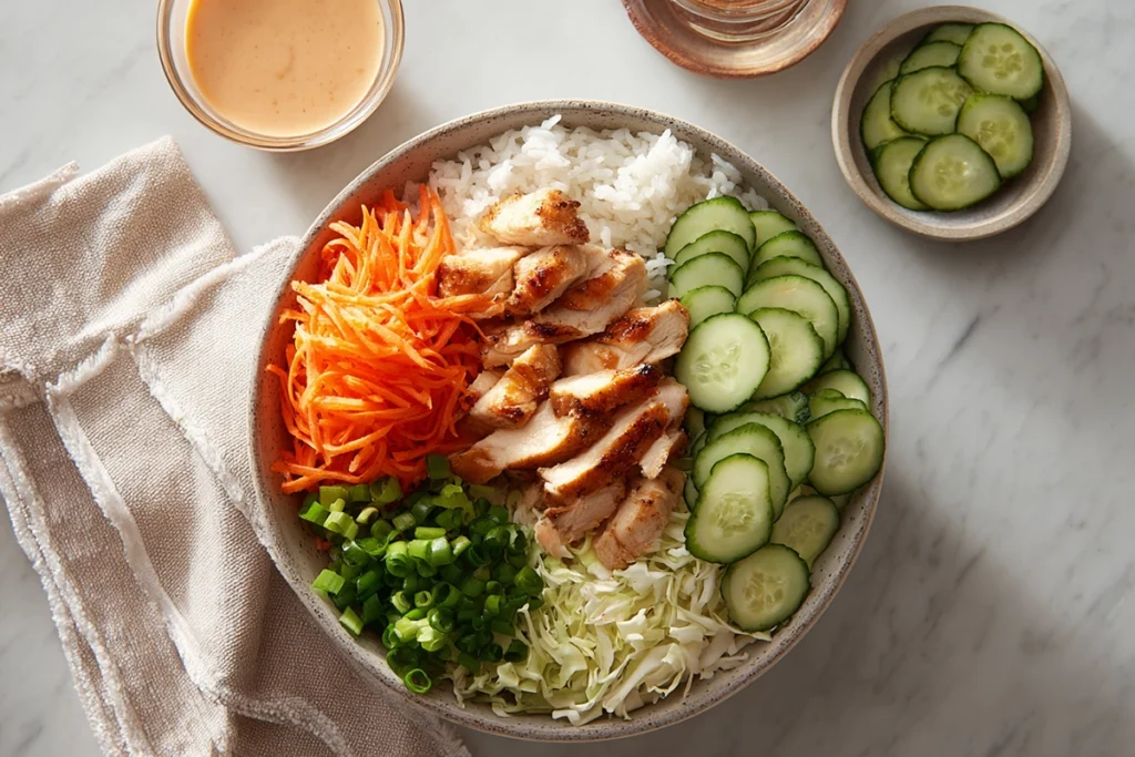 overhead view assembling bang bang chicken bowl with rice vegetables and chicken