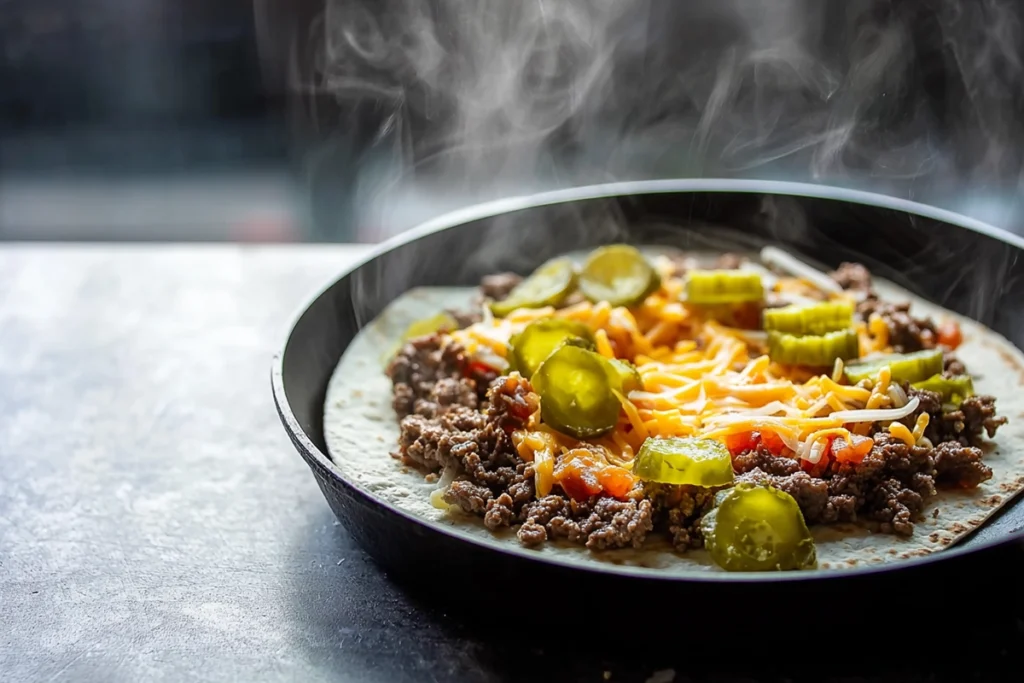 assembling cheeseburger quesadilla in skillet with melted cheese and ground beef under natural light