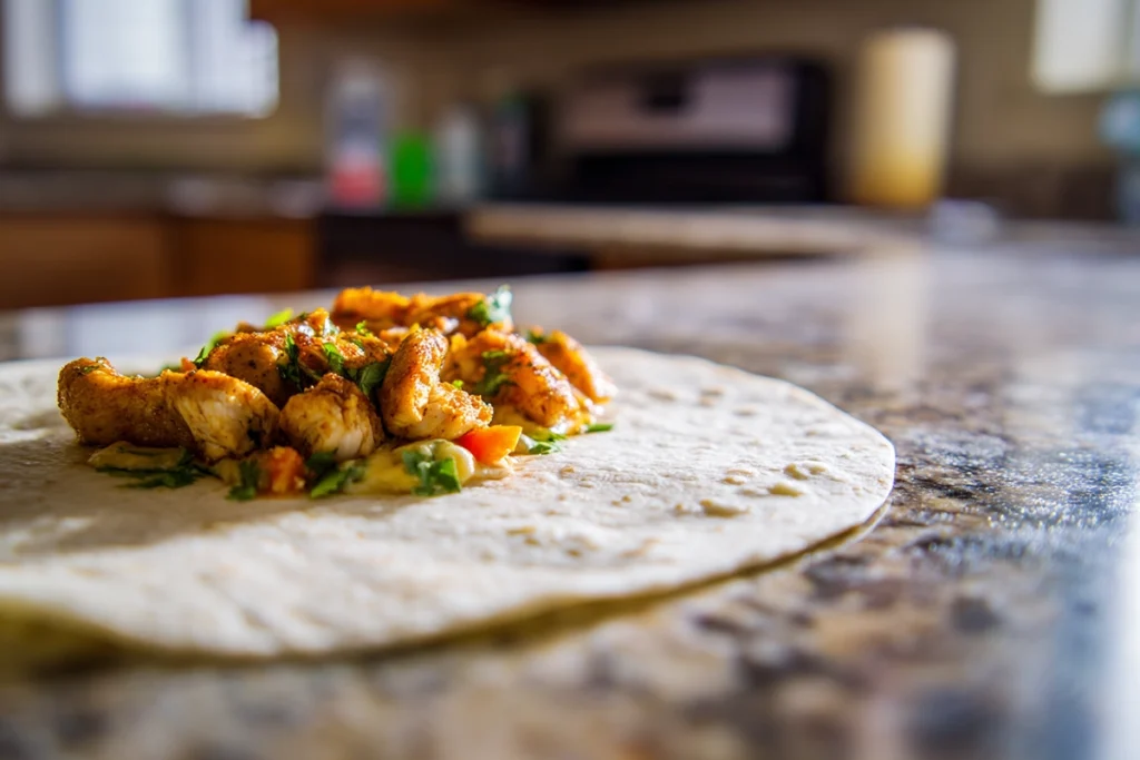 Tortilla filled with garlic cheese spread and seasoned chicken for Cheesy Garlic Chicken Wraps