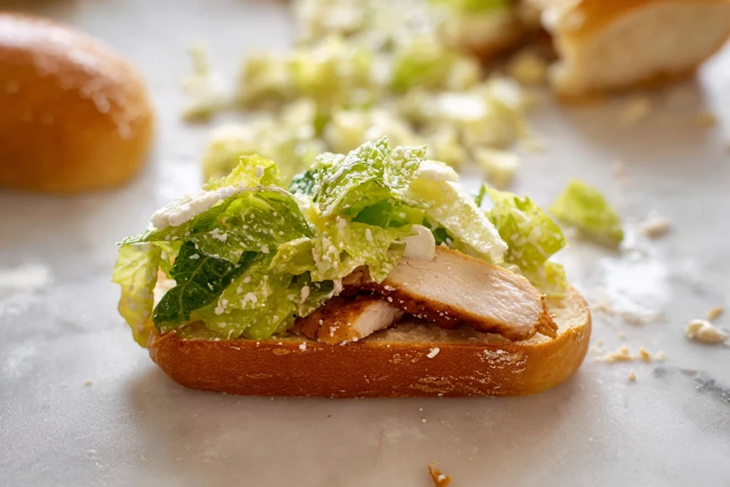Chicken Caesar Sandwich being assembled on a modern kitchen counter