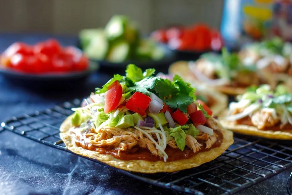 Photorealistic shot of assembling Mexican Rotisserie Chicken Tostadas