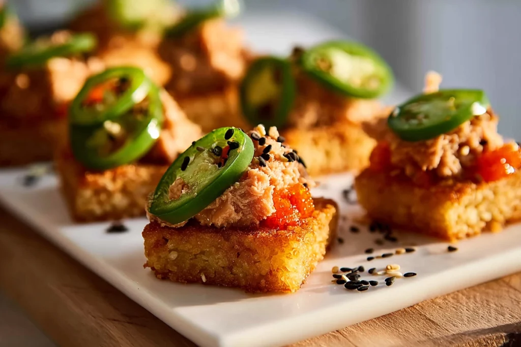 Assembling spicy tuna crispy rice with toppings in a modern kitchen