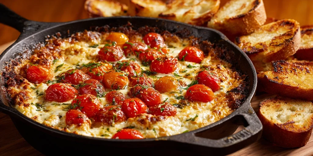 baked Caprese dip with melted cheese and toasted baguette slices for dipping