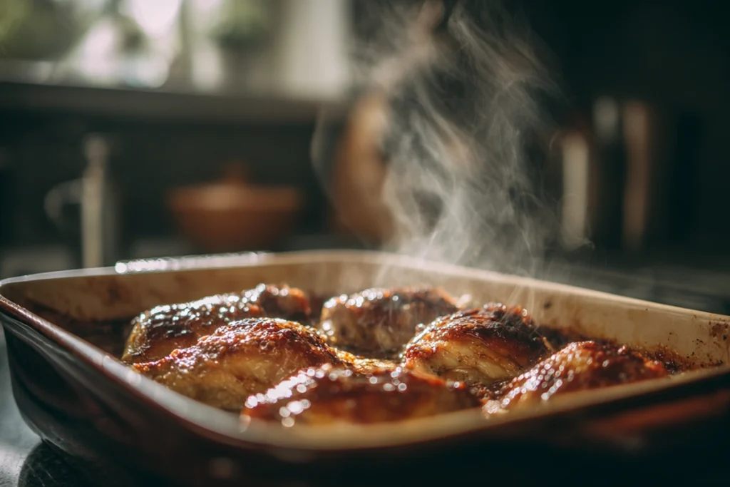 Balsamic baked chicken breast in baking dish just out of the oven