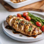 Photorealistic plated balsamic baked chicken breast on modern countertop