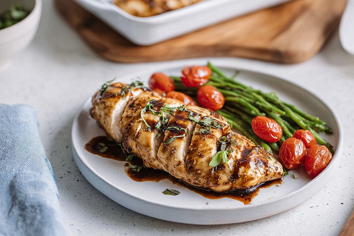 Photorealistic plated balsamic baked chicken breast on modern countertop