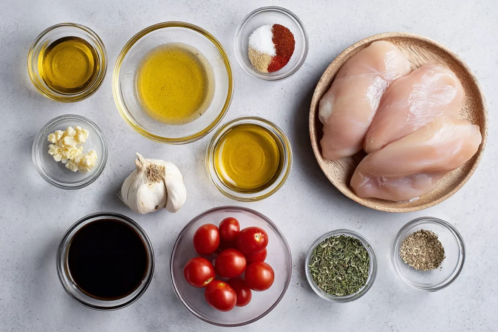 Overhead photo of ingredients for balsamic baked chicken breast recipe