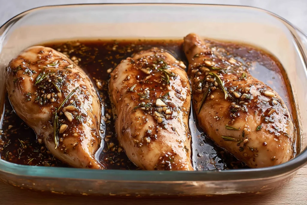 Chicken breasts marinating in balsamic mixture for baked chicken breast