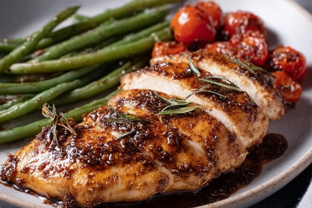 Close-up of sliced balsamic baked chicken breast showing juicy texture