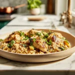 Finished balsamic chicken orzo plated in a modern kitchen
