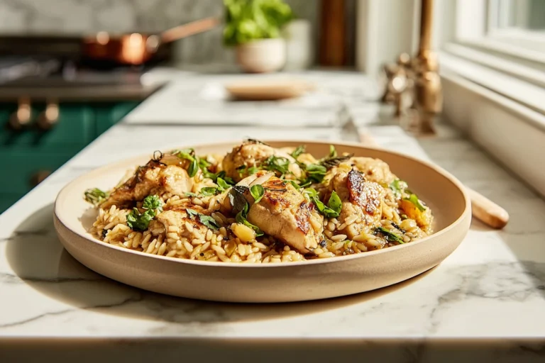 Finished balsamic chicken orzo plated in a modern kitchen