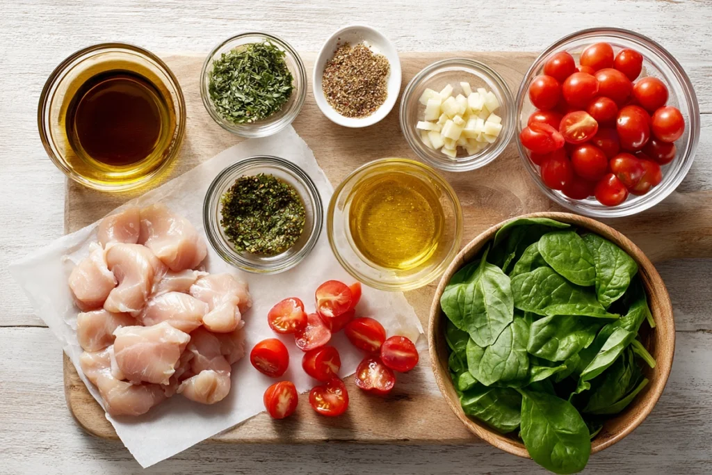Overhead ingredients for balsamic chicken orzo arranged on a modern kitchen counter
