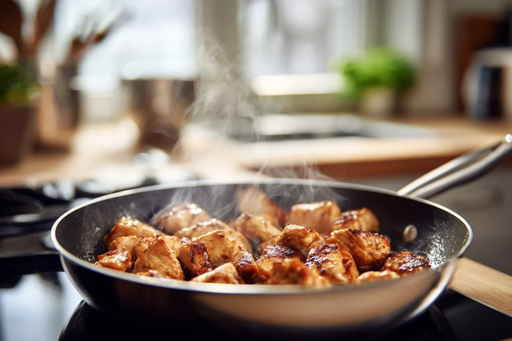 Bowl of balsamic chicken orzo served in modern kitchen