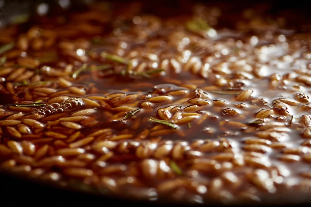 Chicken pieces searing for balsamic chicken orzo in stainless skillet
