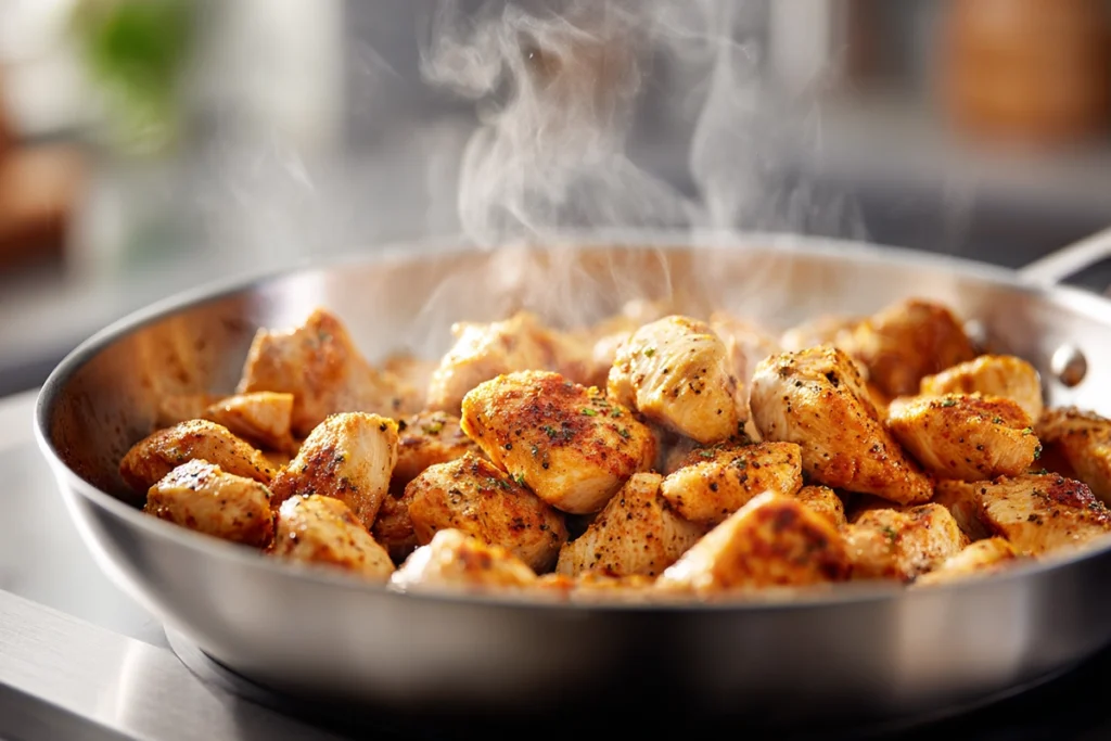 chicken cooking step for bang bang chicken bowl in stainless steel pan