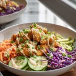 ultra-detailed bang bang chicken bowl hero image in modern kitchen