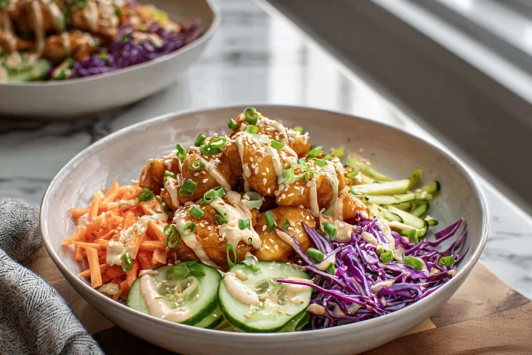 ultra-detailed bang bang chicken bowl hero image in modern kitchen