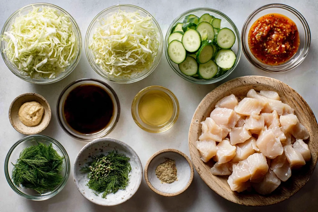 overhead flatlay of bang bang chicken bowl ingredients in glass bowls