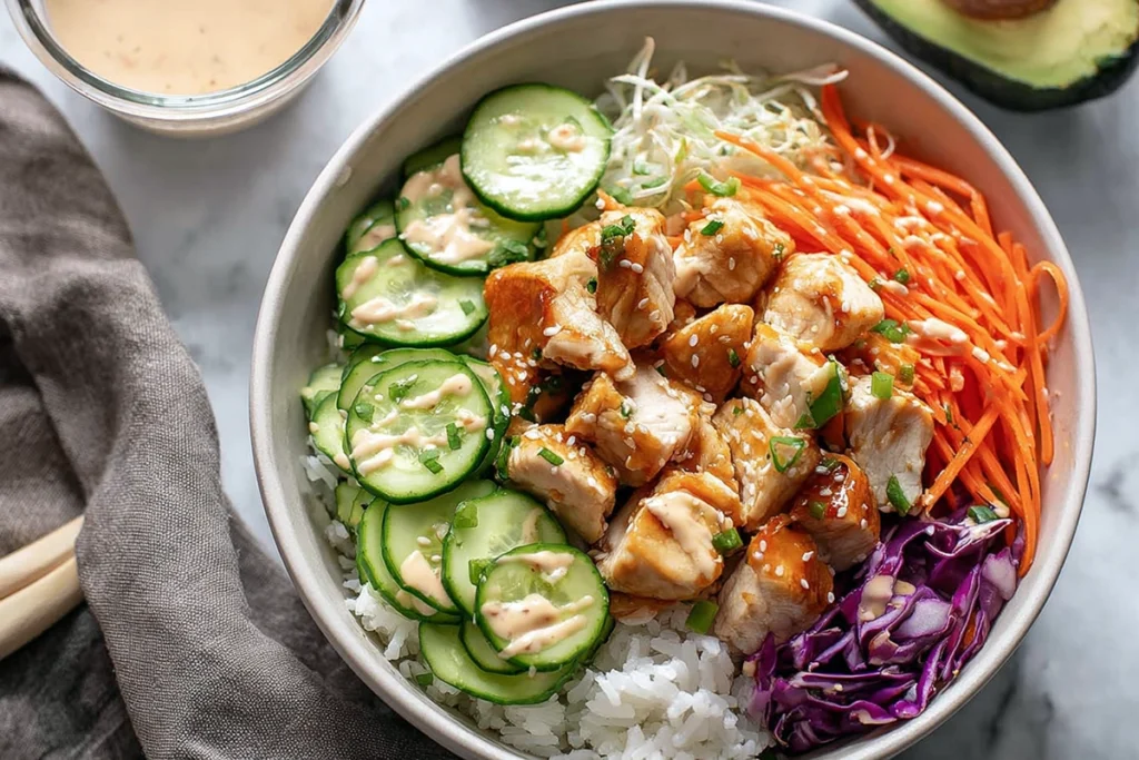 serving shot of completed bang bang chicken bowl with sauce and garnish