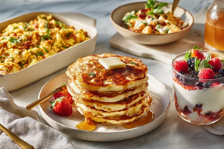 A photorealistic hero image featuring a trio of dishes representing the best breakfast recipes in a modern kitchen setting.