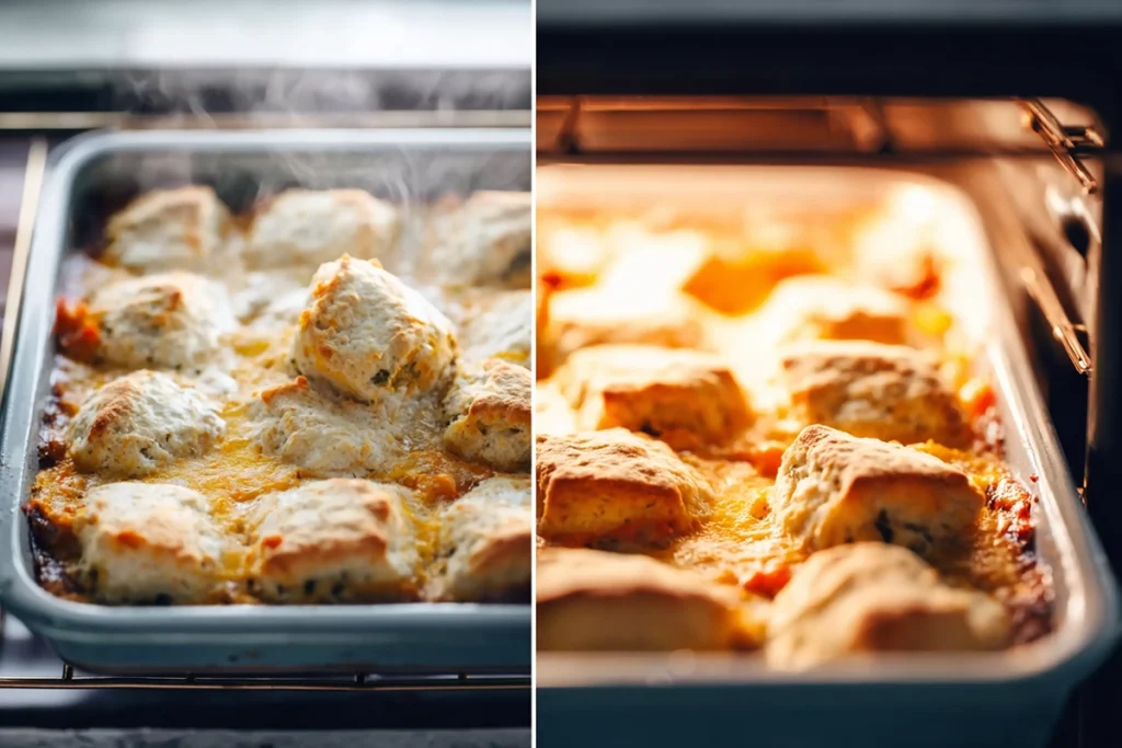 Biscuits and gravy casserole baking in oven with golden biscuits and bubbling gravy