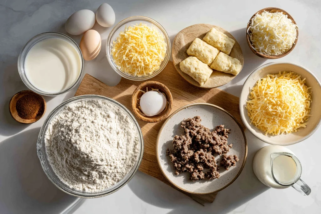 Overhead shot of biscuits and gravy casserole ingredients on a modern kitchen counter
