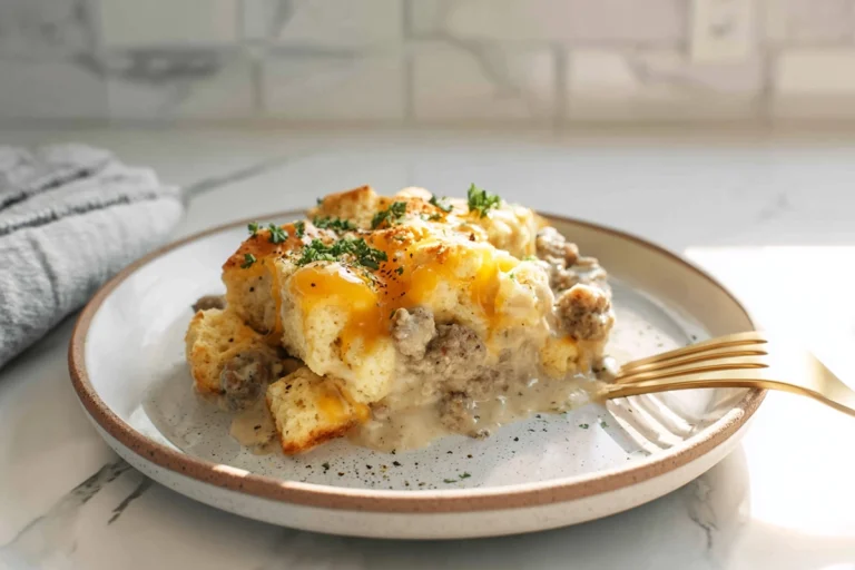 biscuits and gravy casserole with sausage and eggs hero shot