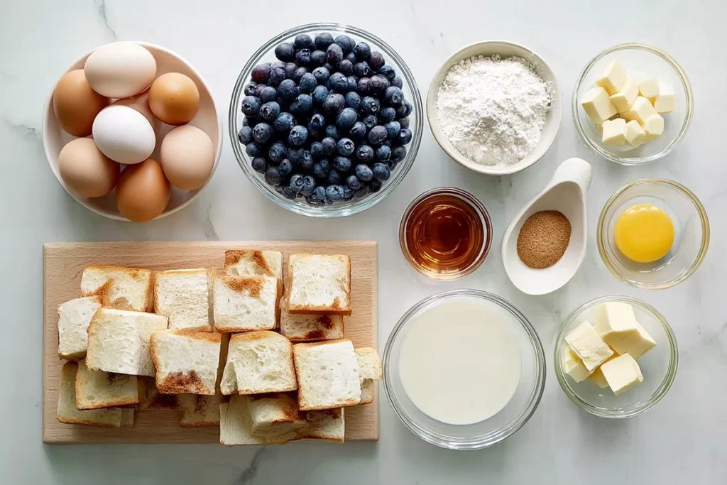 overhead ingredient layout for blueberry french toast casserole in modern kitchen