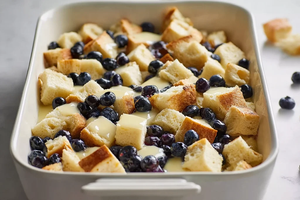 pre-baked blueberry french toast casserole layered in modern dish