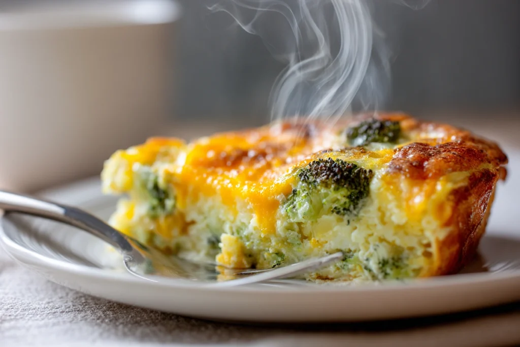 Close-up of Broccoli Cheddar Egg Bake showing melted cheddar, fluffy eggs, and broccoli texture