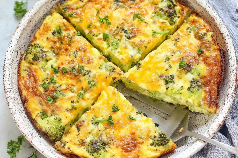 Chef Taha Ayad's Recipe Broccoli Cheddar Egg Bake with golden cheddar and tender broccoli in a ceramic baking dish