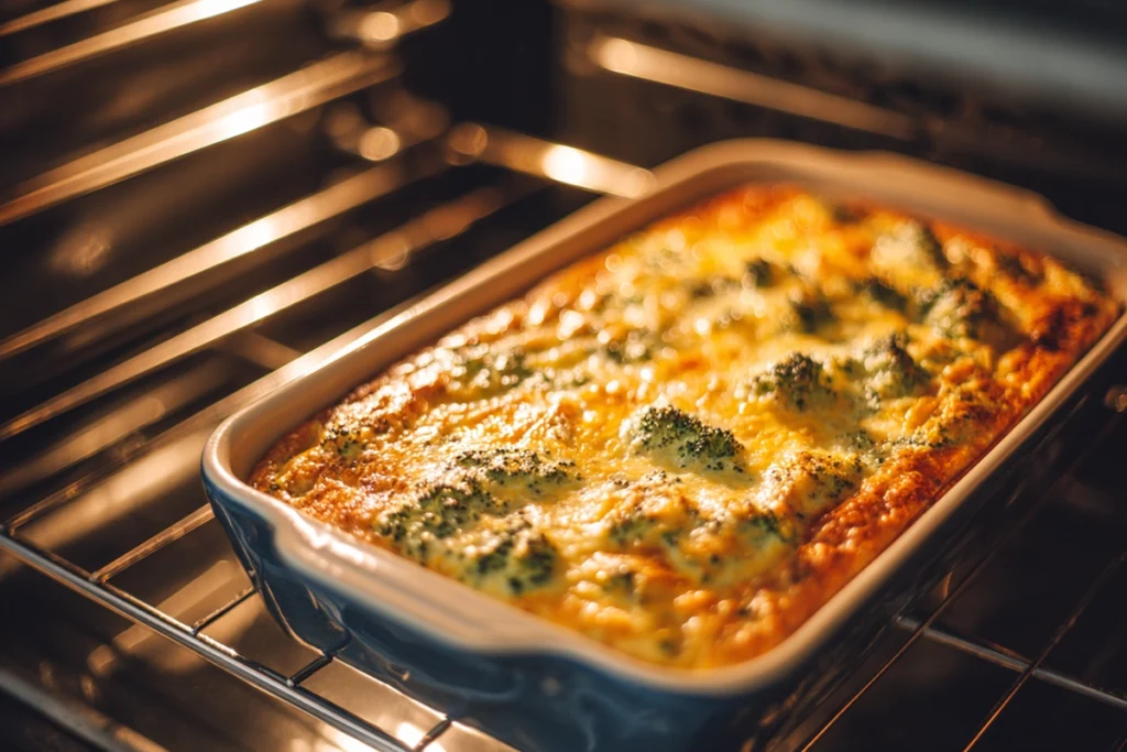 Broccoli Cheddar Egg Bake being placed in the oven with melting cheese and bright daylight