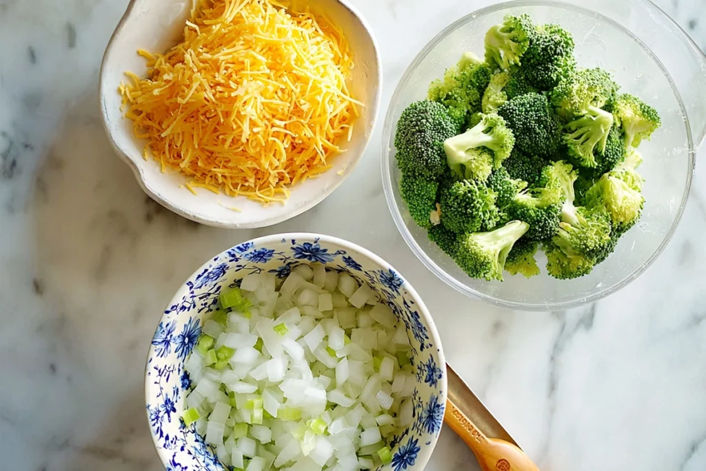 Overhead photo of ingredients for Broccoli Cheddar Egg Bake including broccoli, eggs, cheddar, milk, and spices