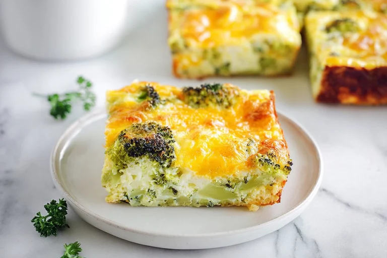 Broccoli Cheddar Egg Bake plated on a white dish with melted cheese and broccoli in a modern kitchen