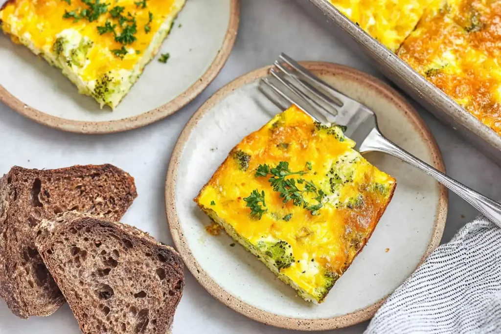 Broccoli Cheddar Egg Bake served in square slices with toast and melted cheddar topping