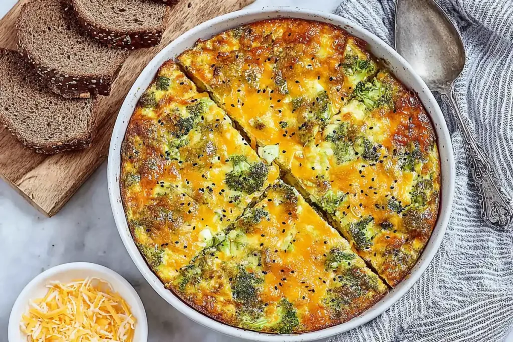 Whole Broccoli Cheddar Egg Bake sliced into portions for make-ahead breakfasts all week