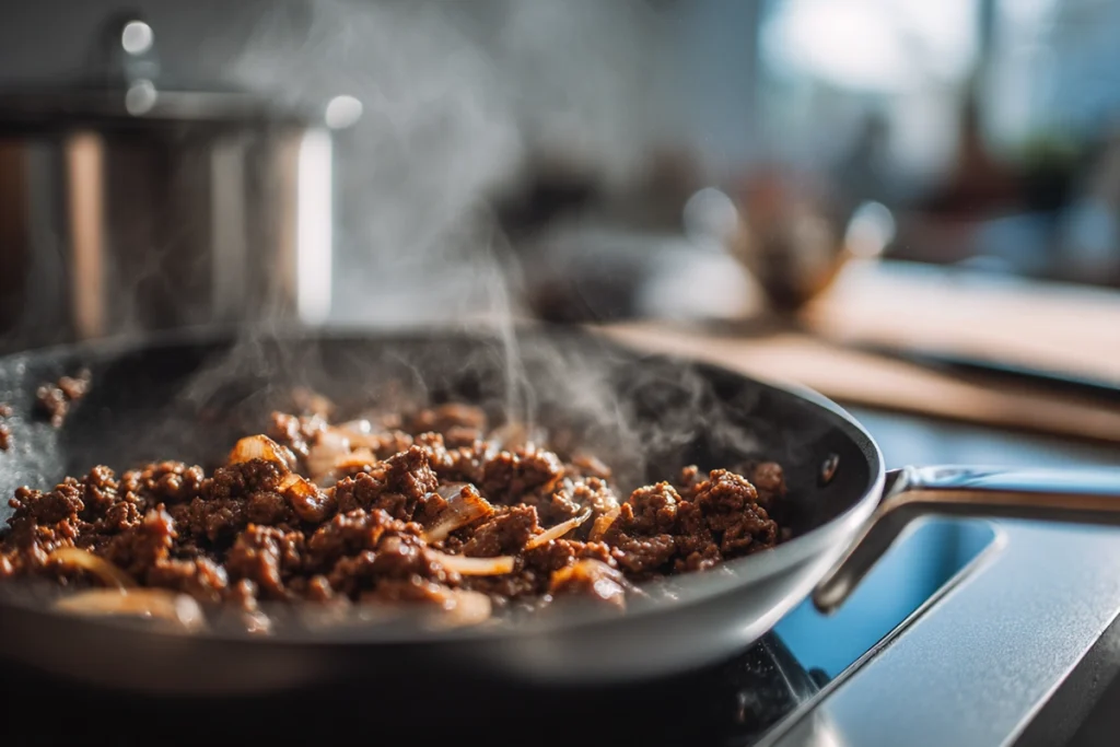 close-up of browned beef and onions for crockpot taco spaghetti preparation