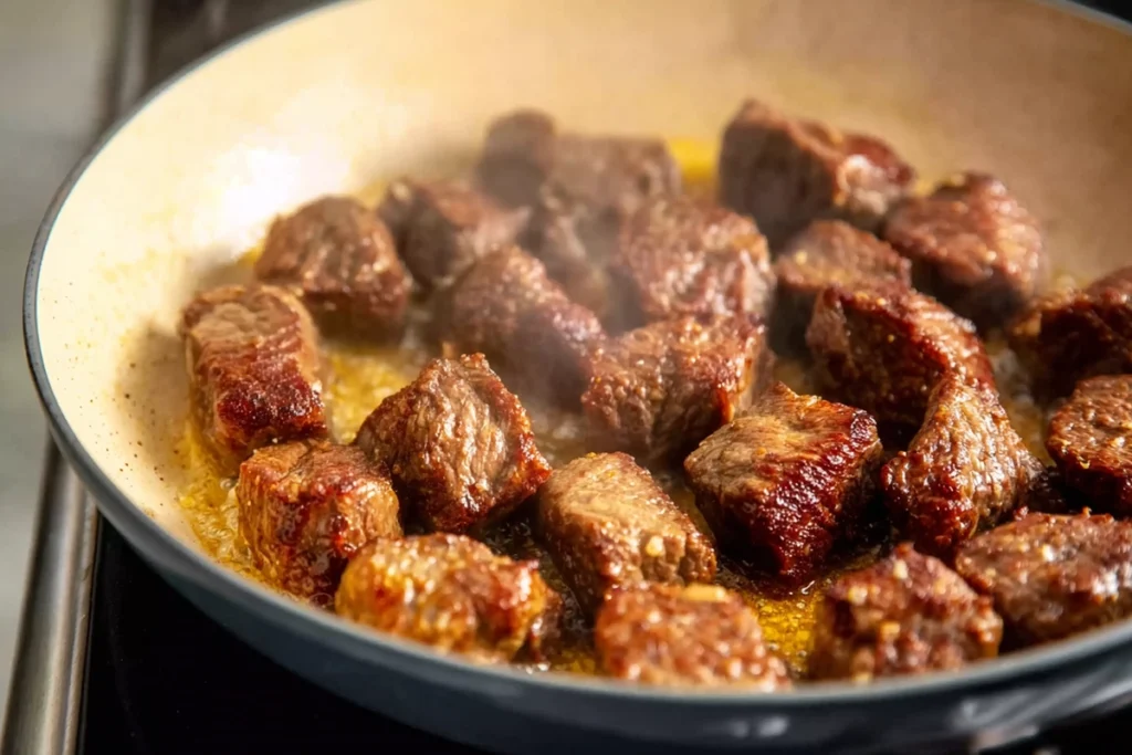 beef cubes being browned in a skillet for slow cooker beef stew.