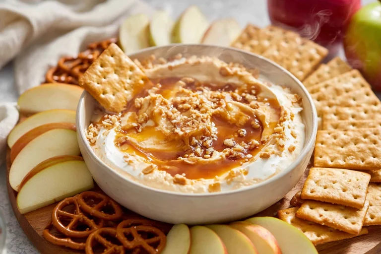Photorealistic bowl of caramel apple cheesecake dip with caramel drizzle and apple slices on a modern kitchen counter